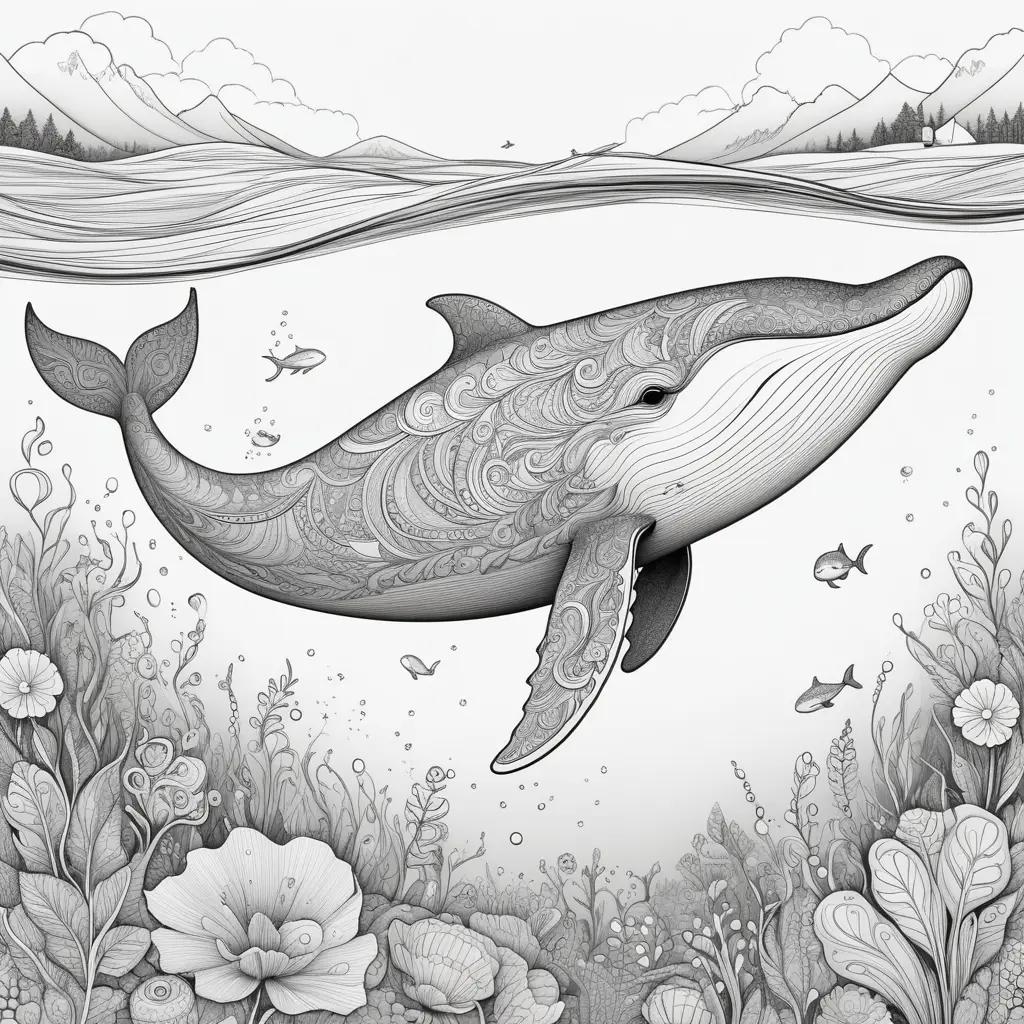 black and white drawing of a whale swimming through the ocean