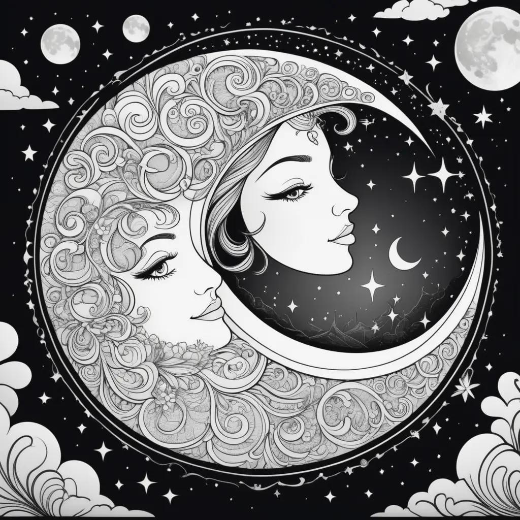 black and white drawing of a woman on a moon coloring page