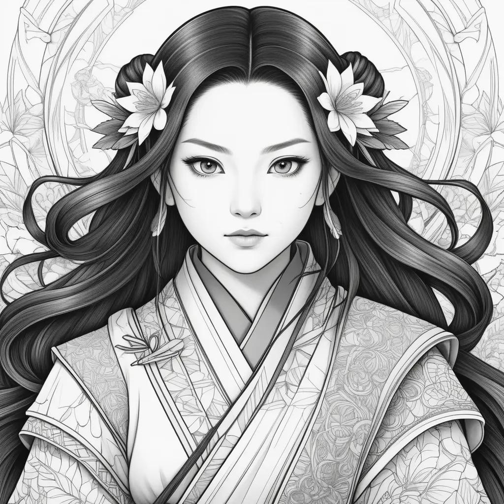 髪に花を挿した女性の白黒画