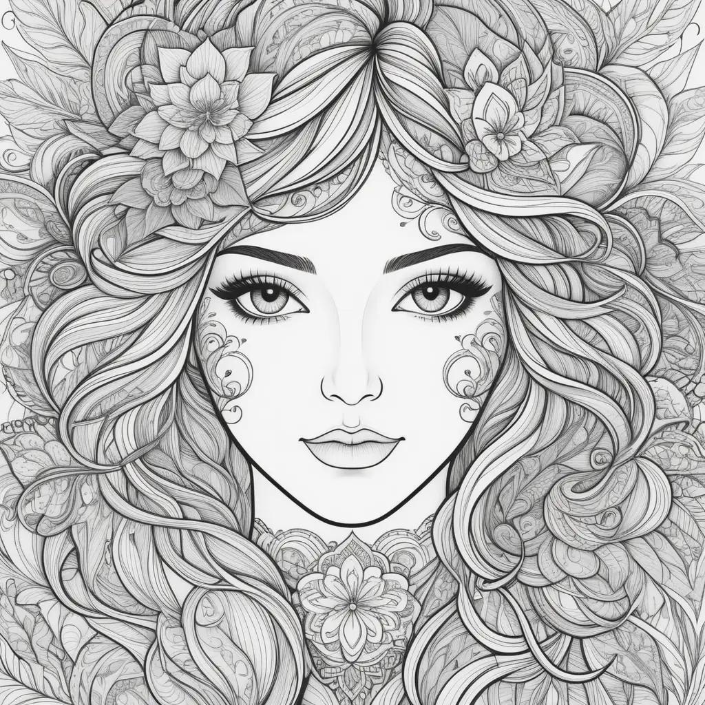 black and white drawing of a woman with flowers in her hair