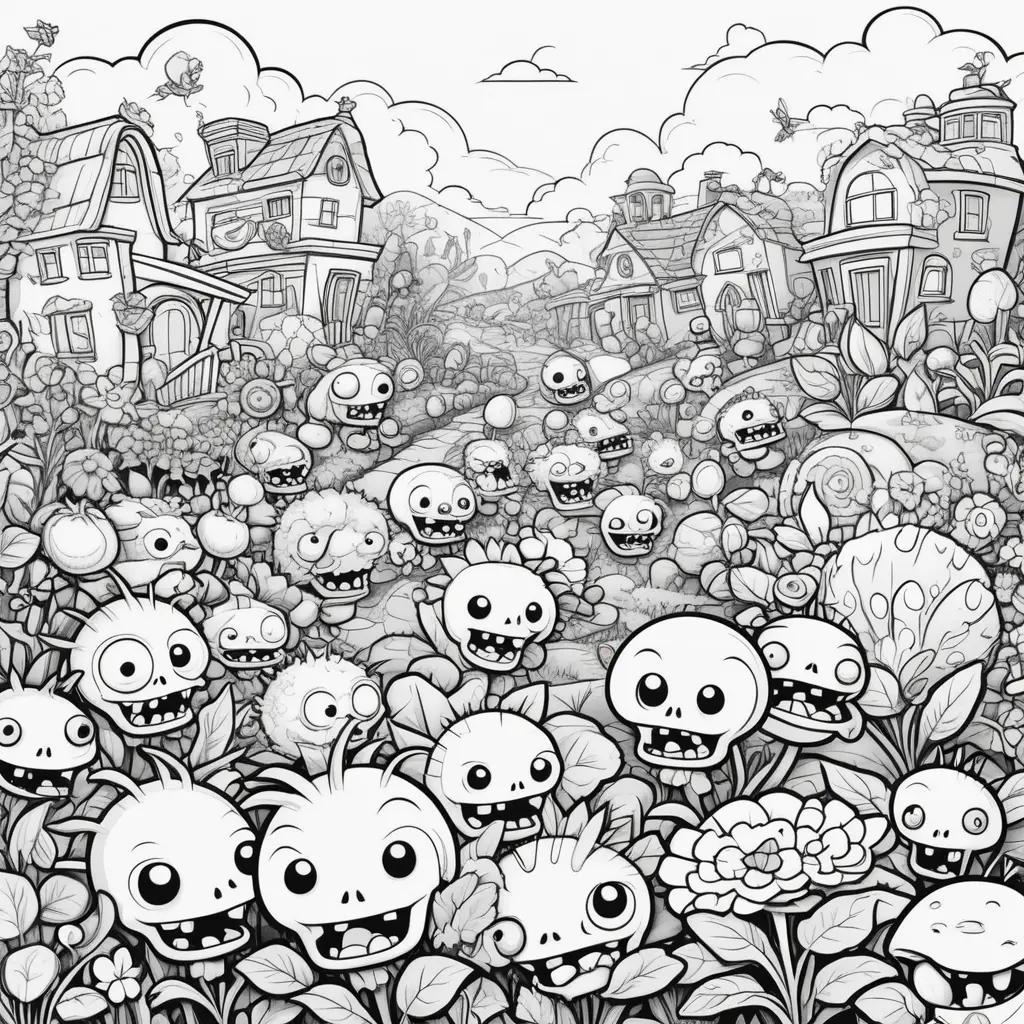 black and white drawing of a zombie-filled garden