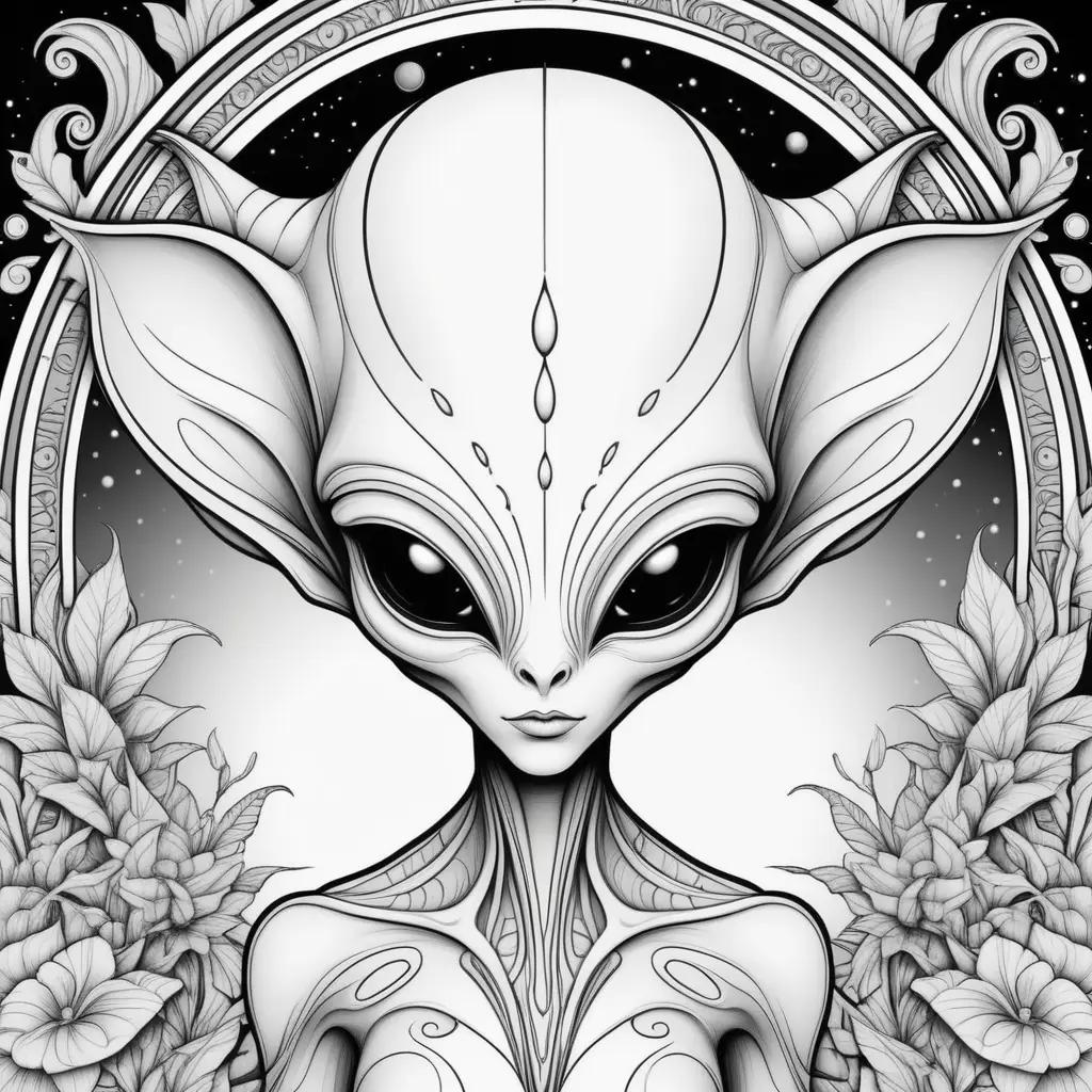 black and white drawing of an alien with flowers