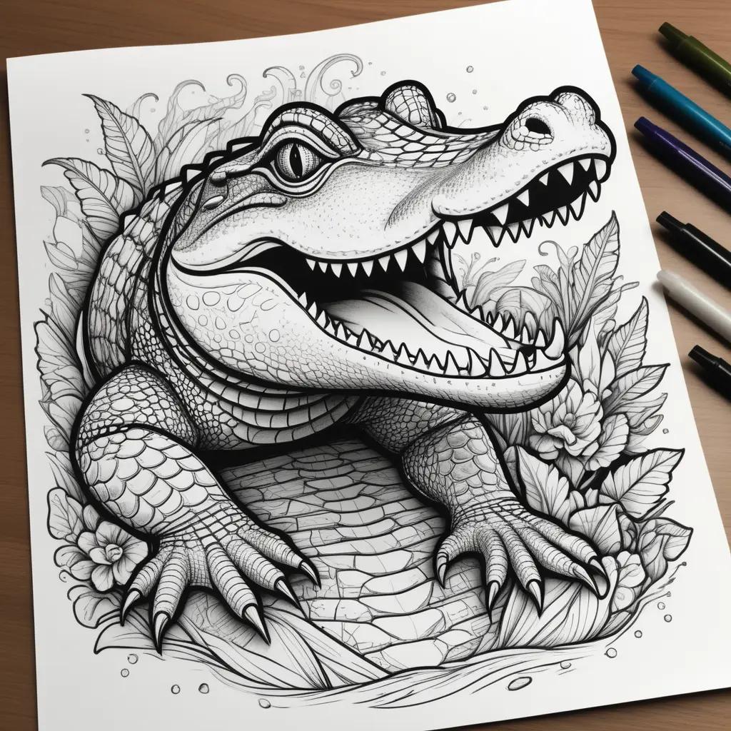 black and white drawing of an alligator on a page