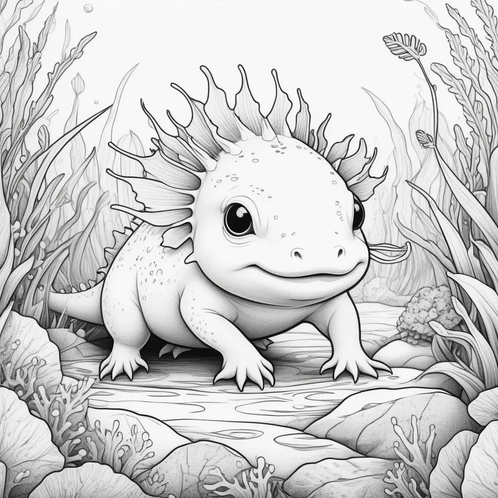 black and white drawing of an axolotl with a background of water and plants