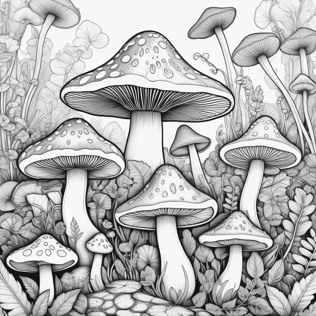 black and white drawing of colorful mushrooms on a background of leaves