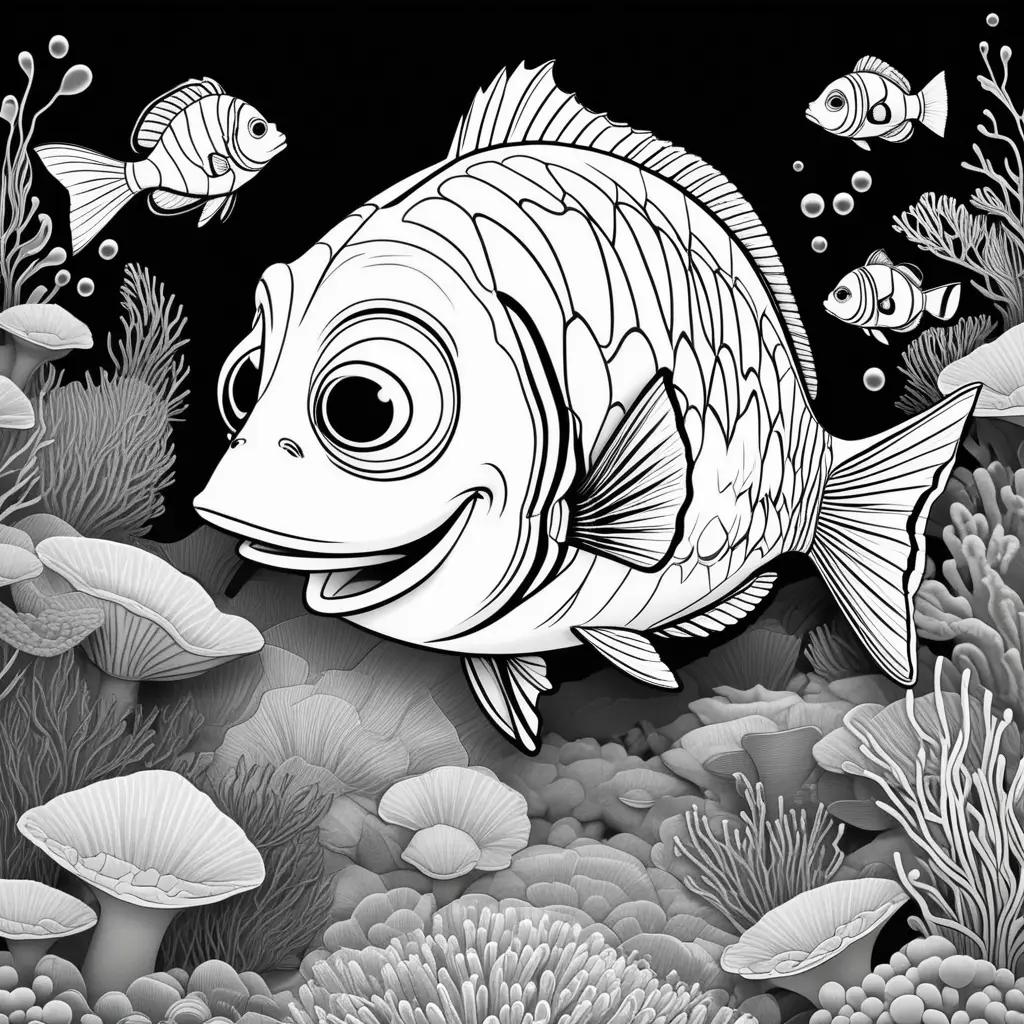black and white drawing of fish in the ocean