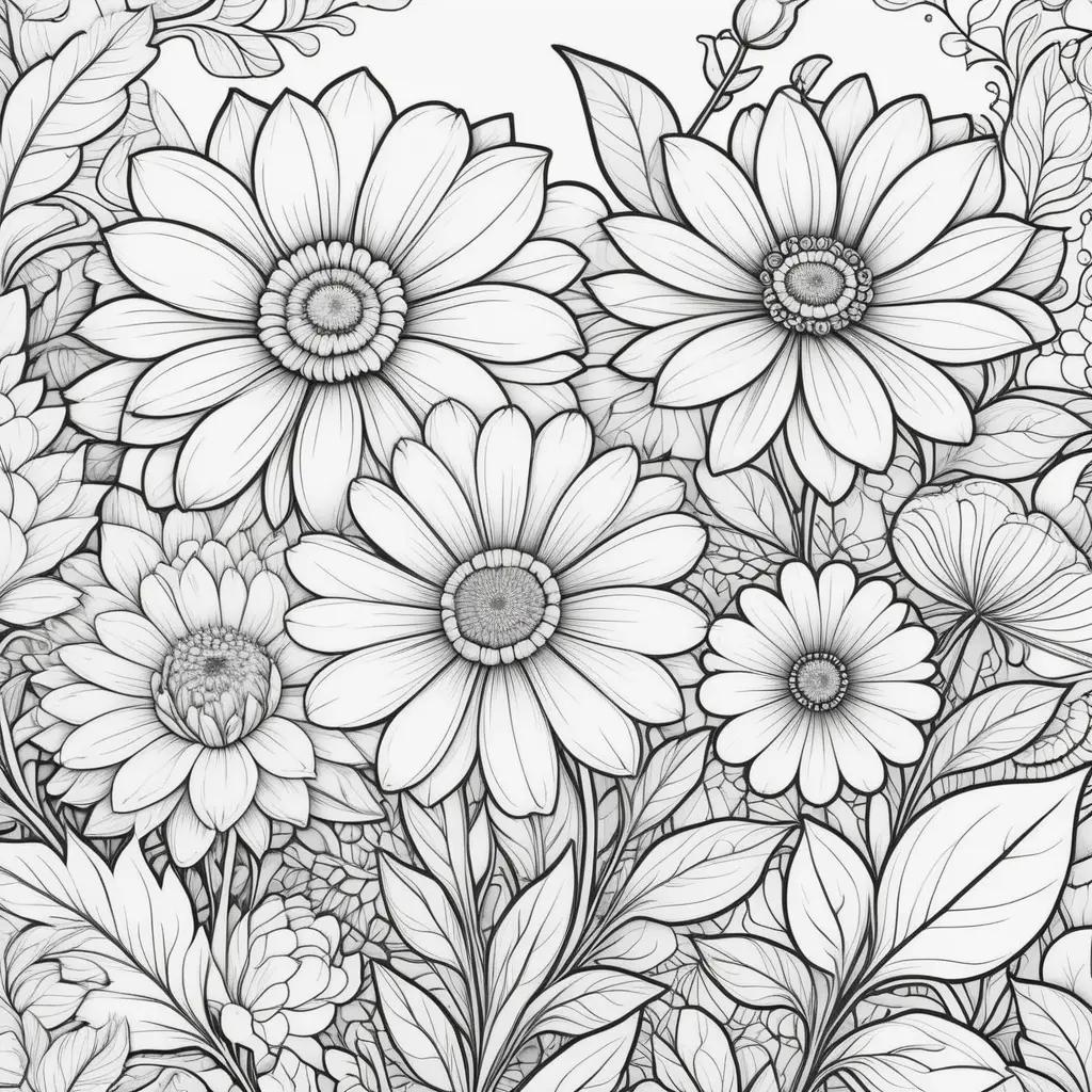 black and white drawing of flowers and leaves