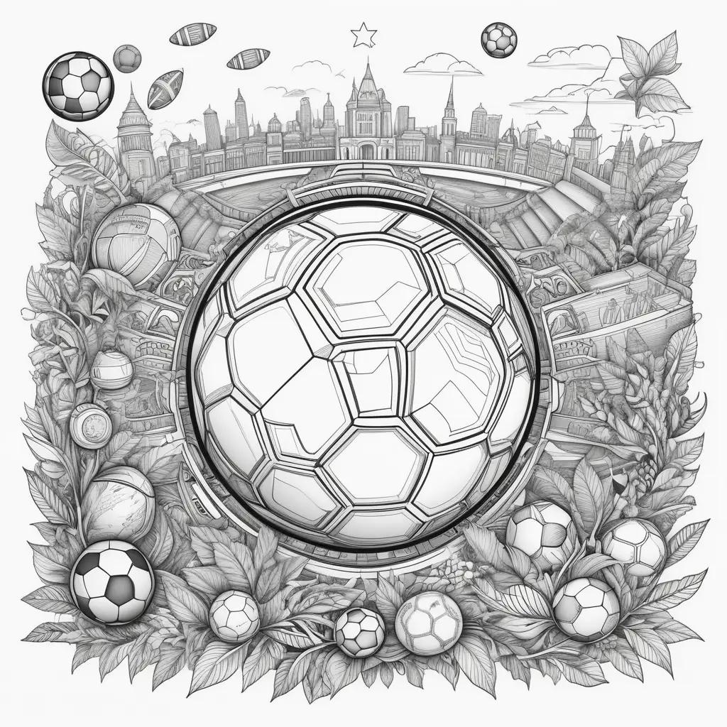 black and white drawing of footballs in a city