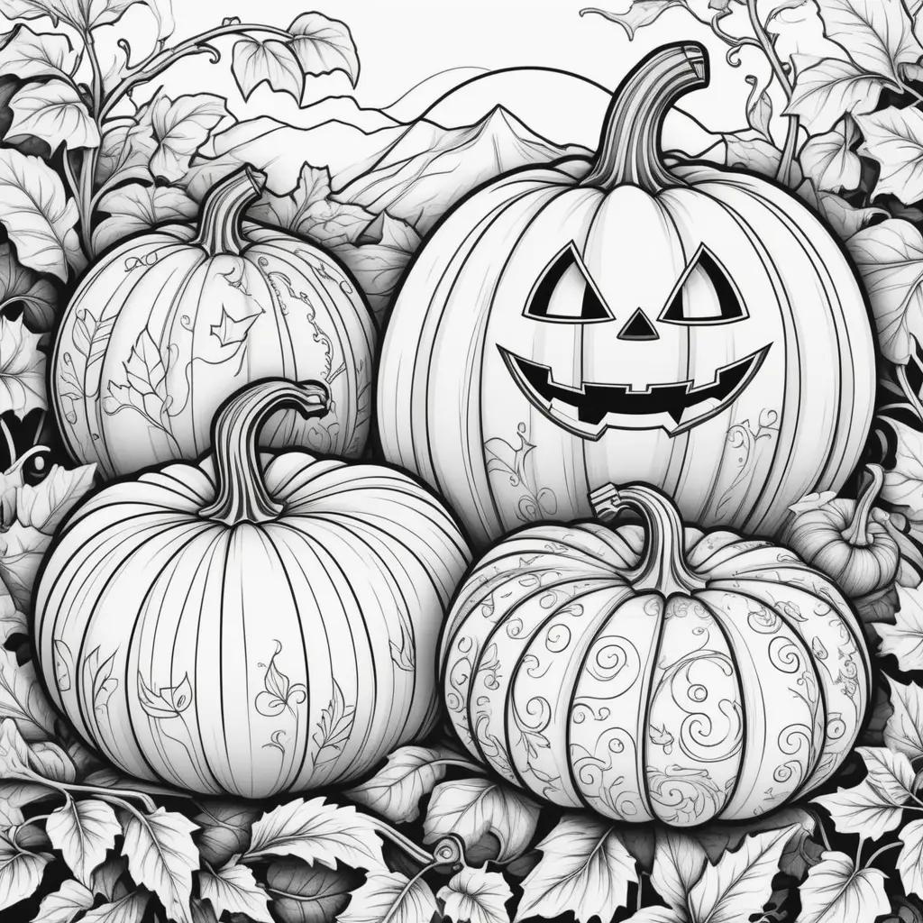 black and white drawing of four pumpkins with faces