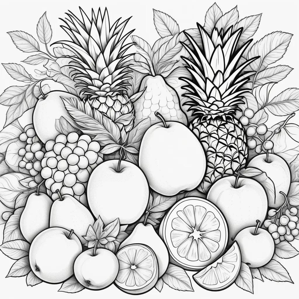 black and white drawing of fruits on a white background