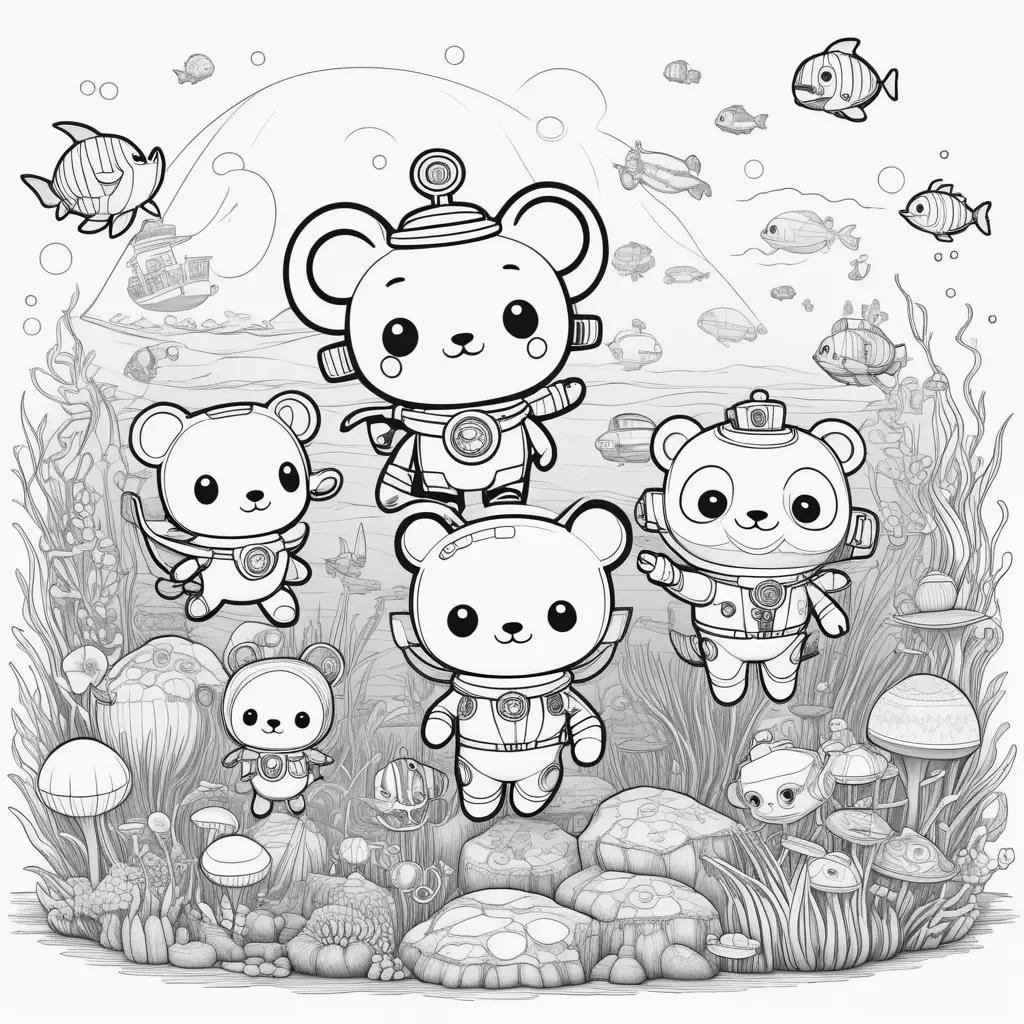 black and white drawing of octonauts and sea creatures