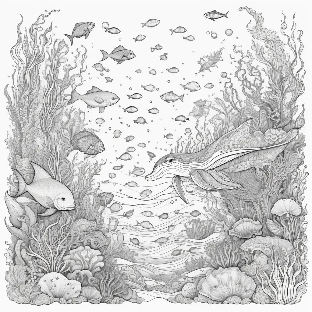 black and white drawing of sea creatures in the ocean