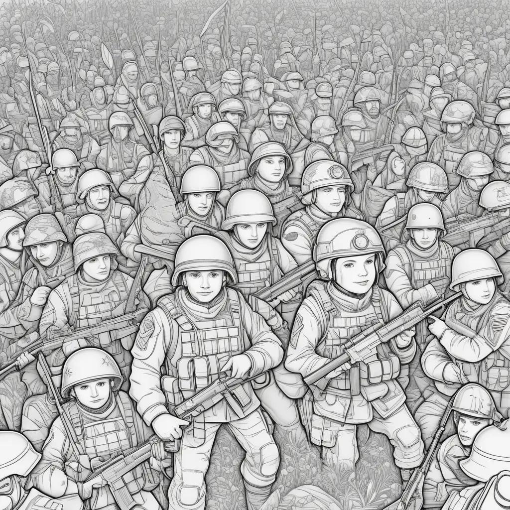 black and white drawing of soldiers in uniform