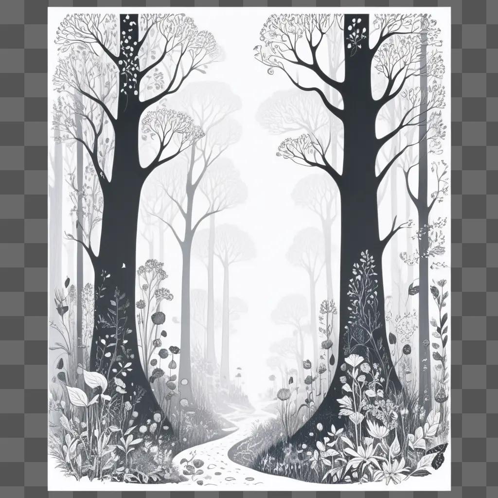 black and white drawing of trees and a path