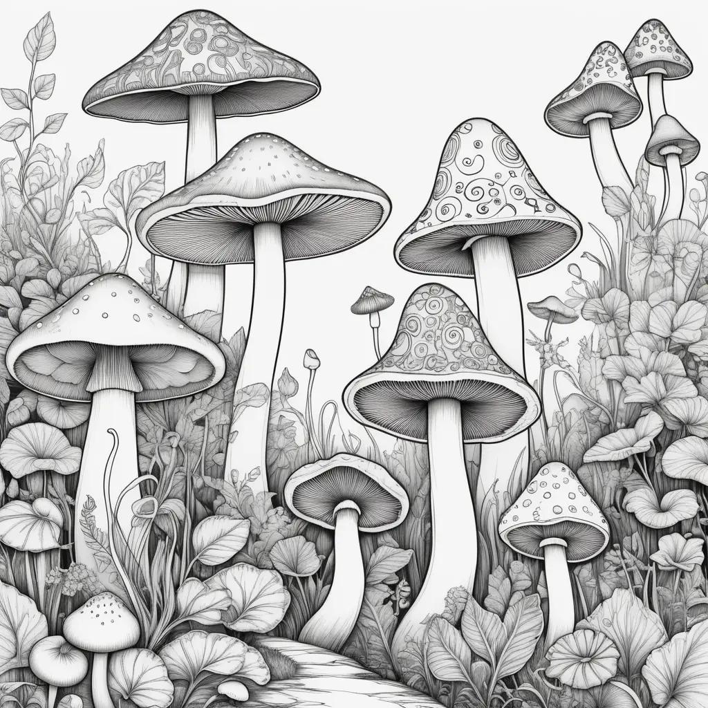 black and white drawing of various mushroom coloring pages