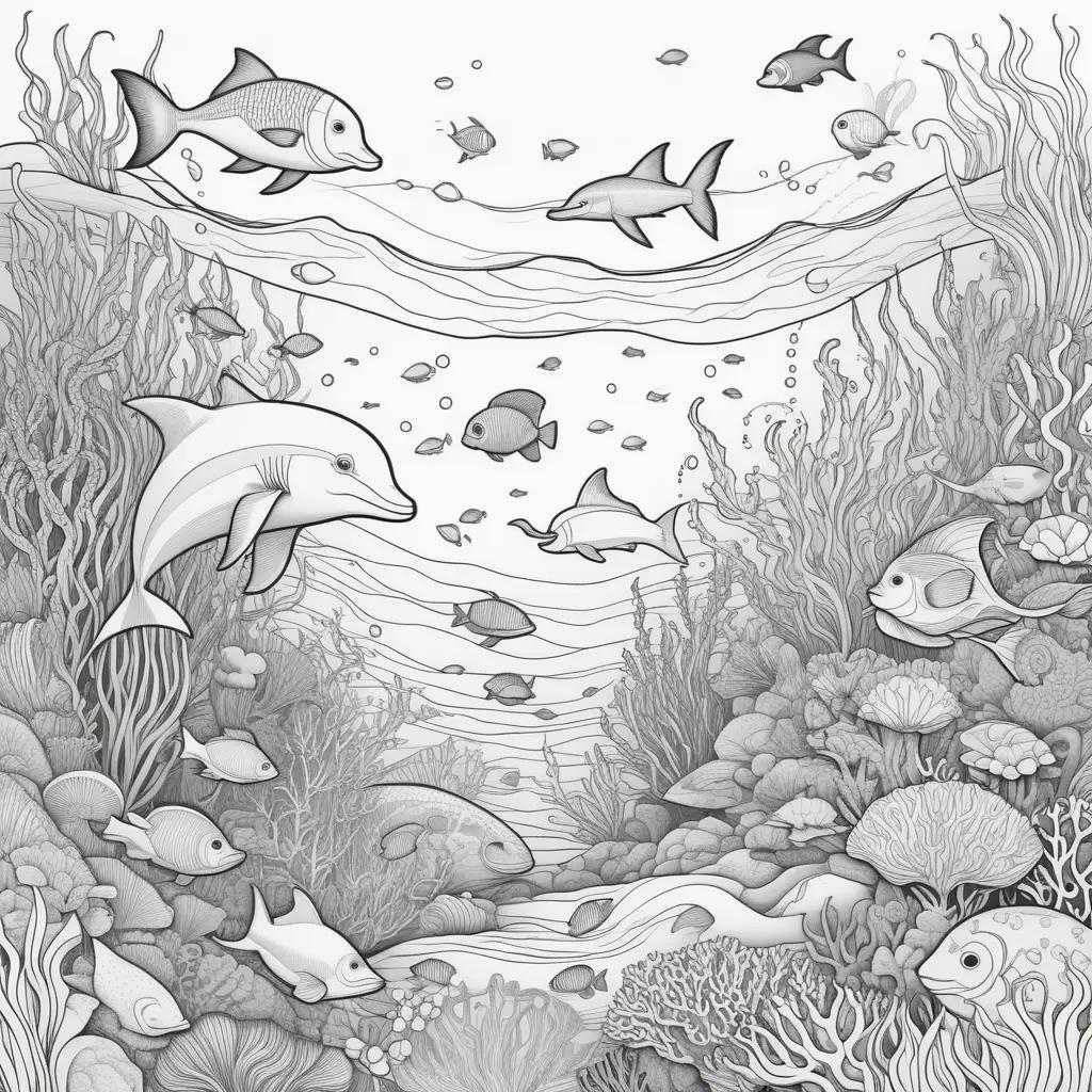 black and white drawing of various ocean animals