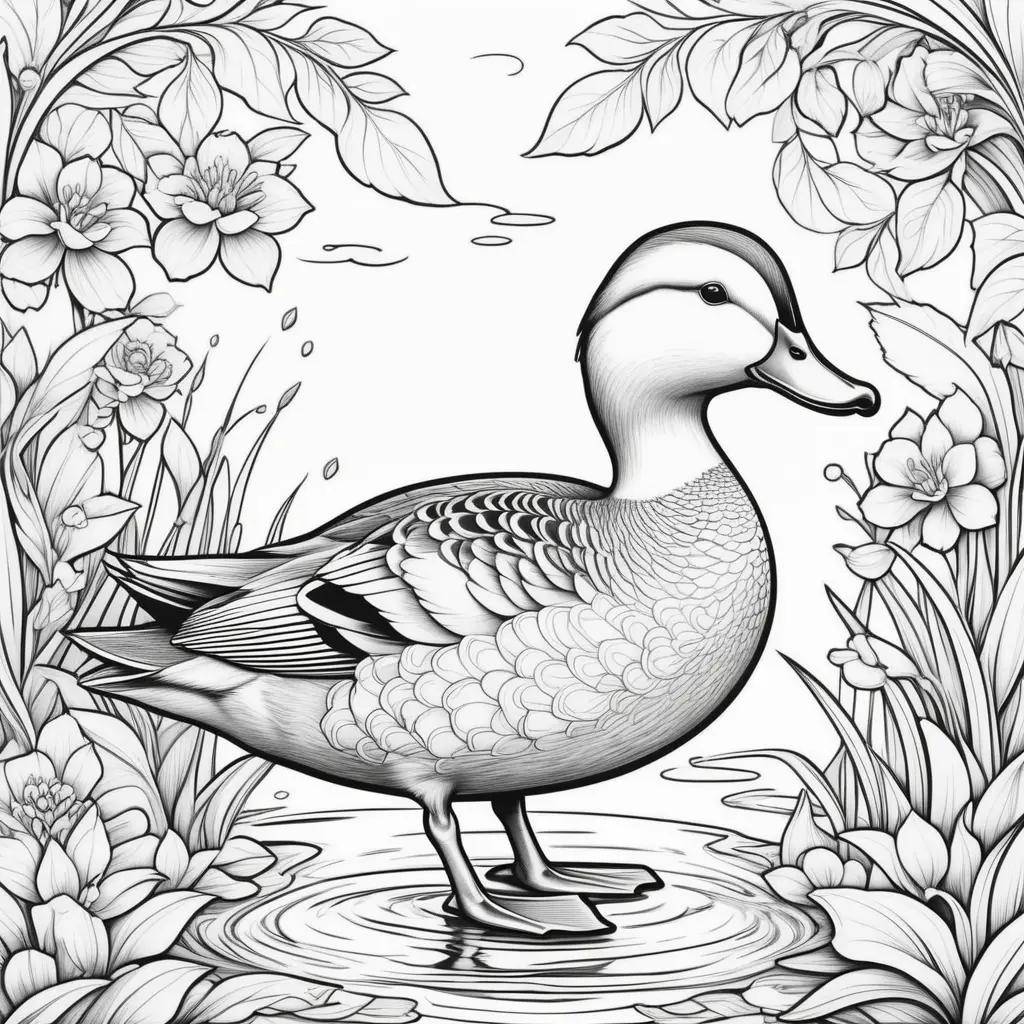 black and white duck coloring page with flowers