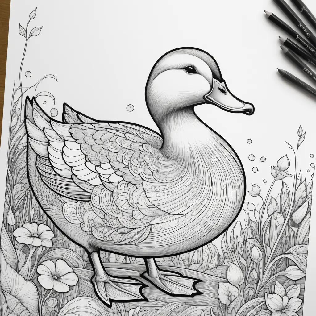 black and white duck coloring page with flowers and bubbles