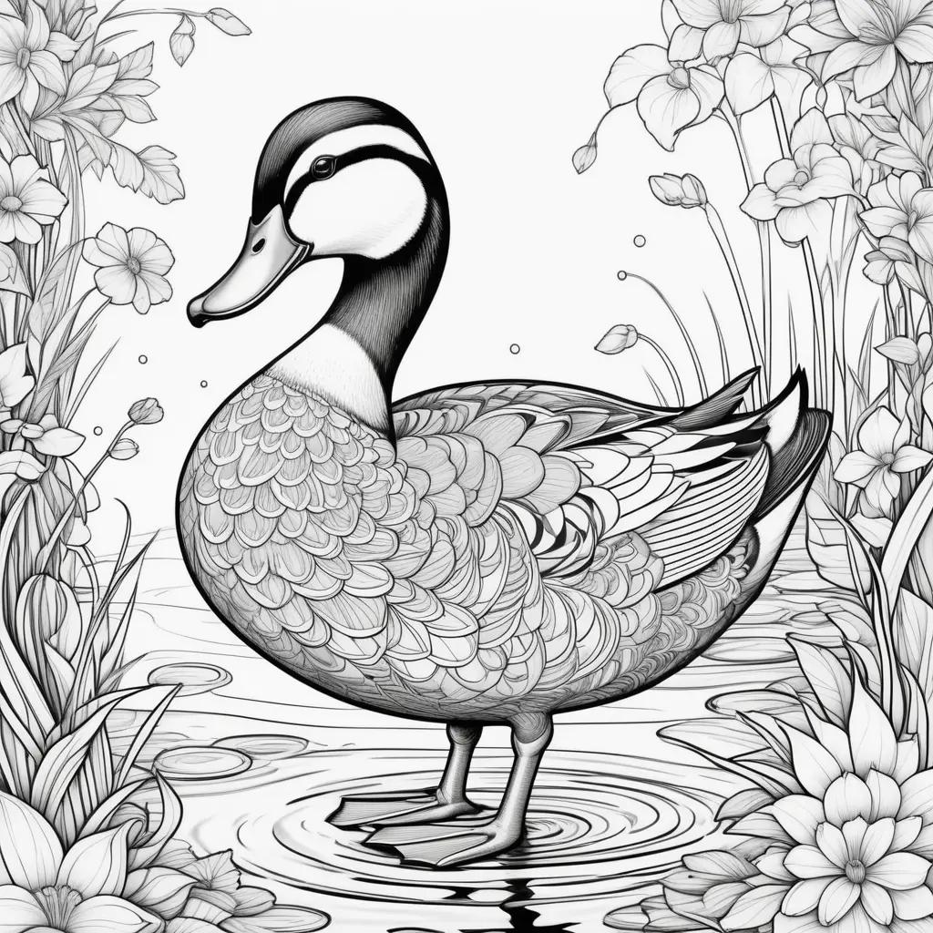 black and white duck coloring page with flowers and water