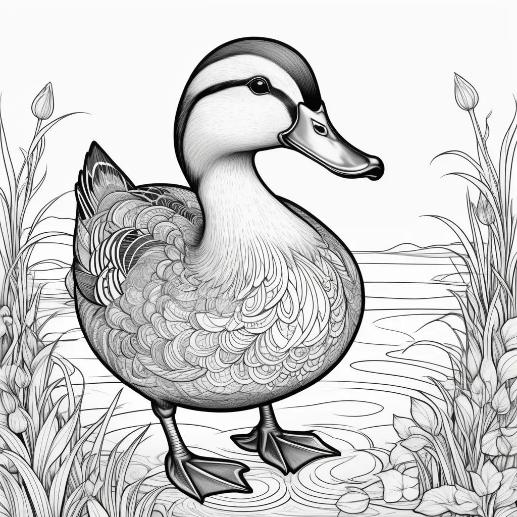 black and white duck coloring page with lots of flowers around it