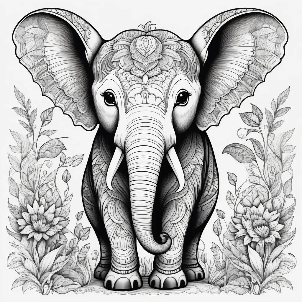 black and white elephant coloring page for adults