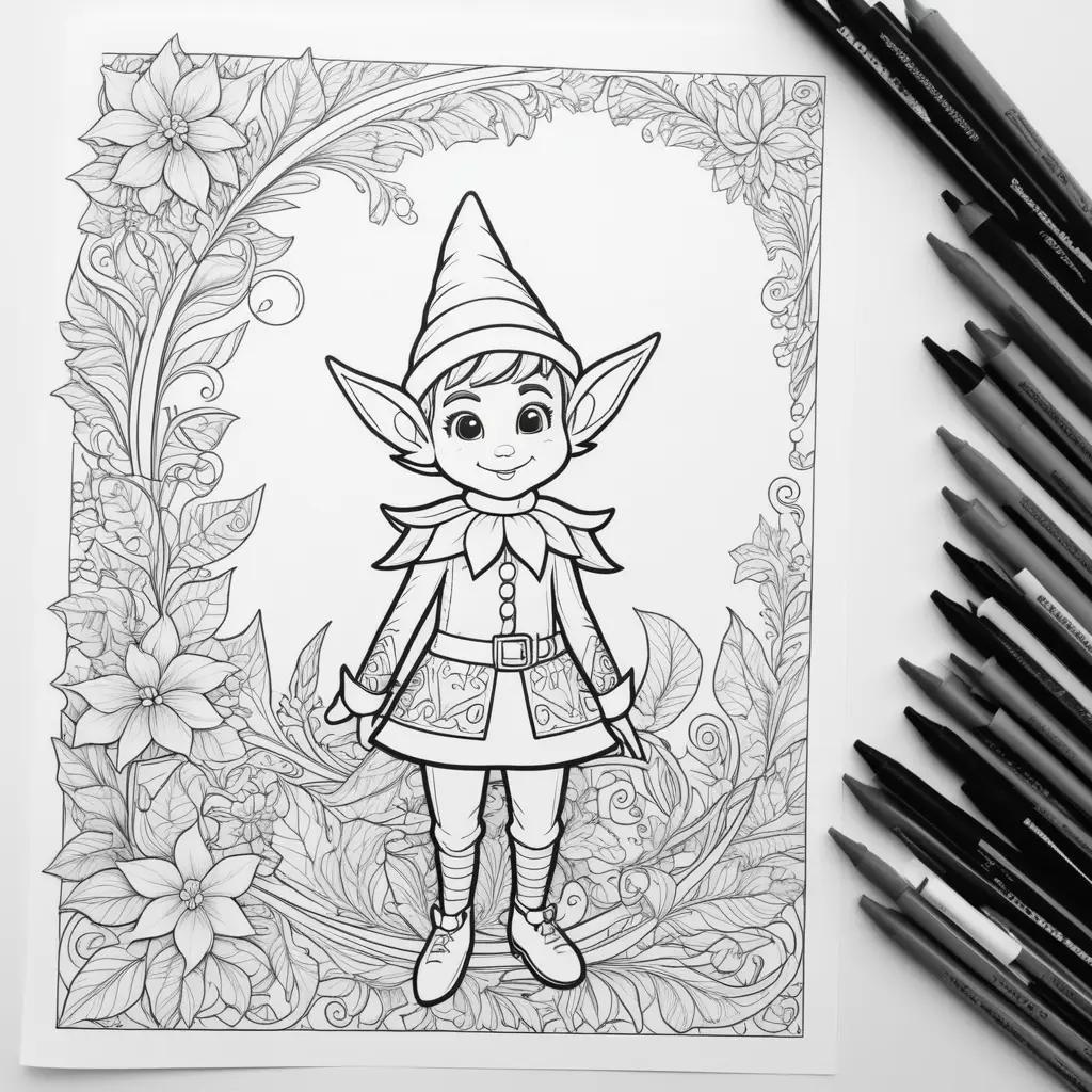 black and white elf coloring page with a frame