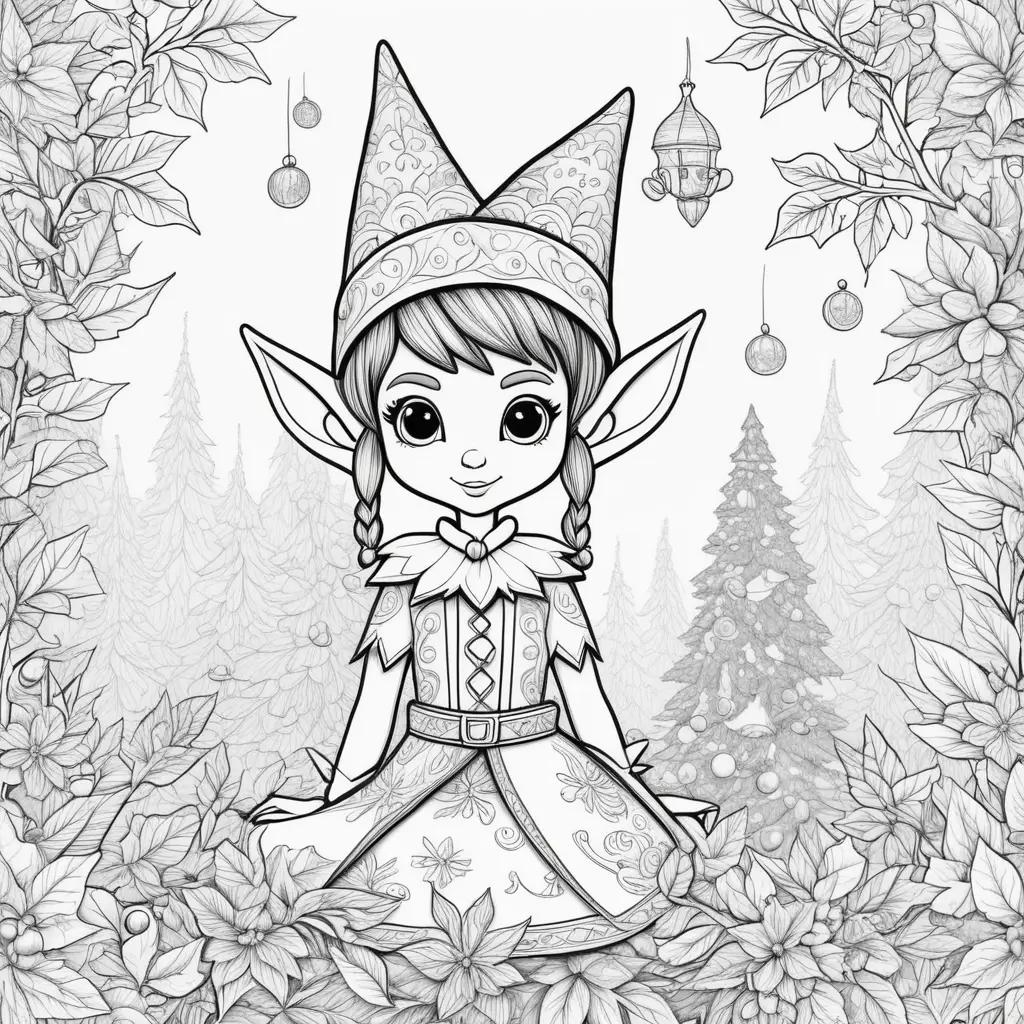 black and white elf on the shelf coloring page with a Christmas tree and snowflakes