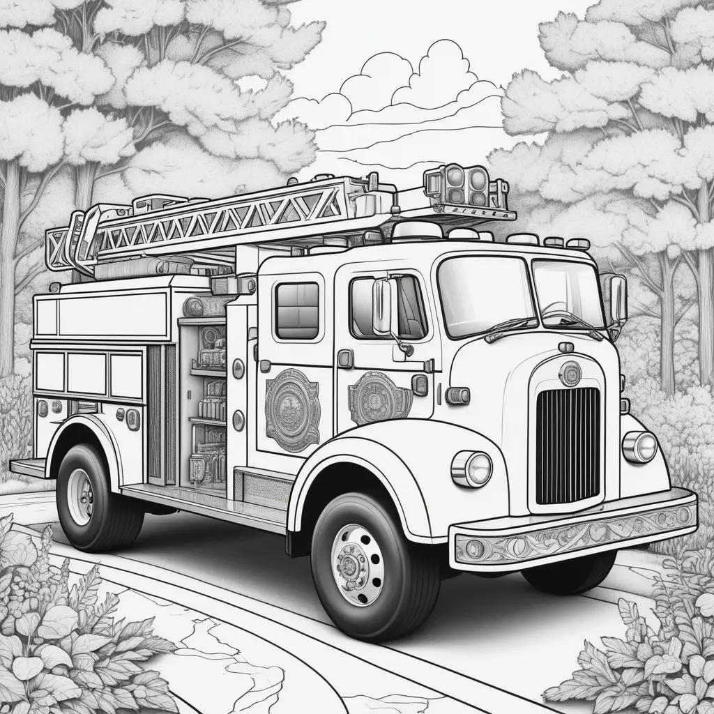 black and white fire truck coloring page in the woods