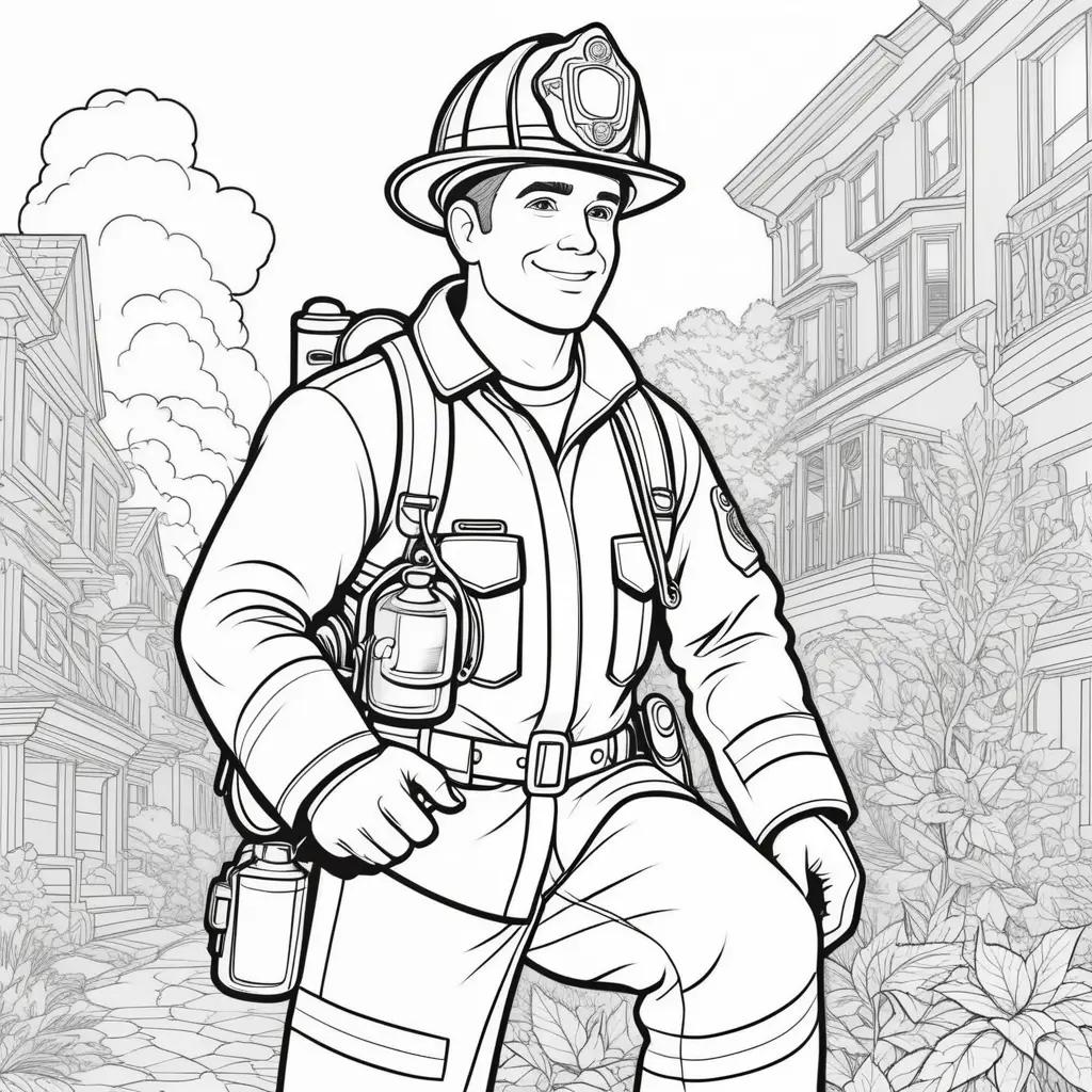 black and white fireman coloring page with a city background