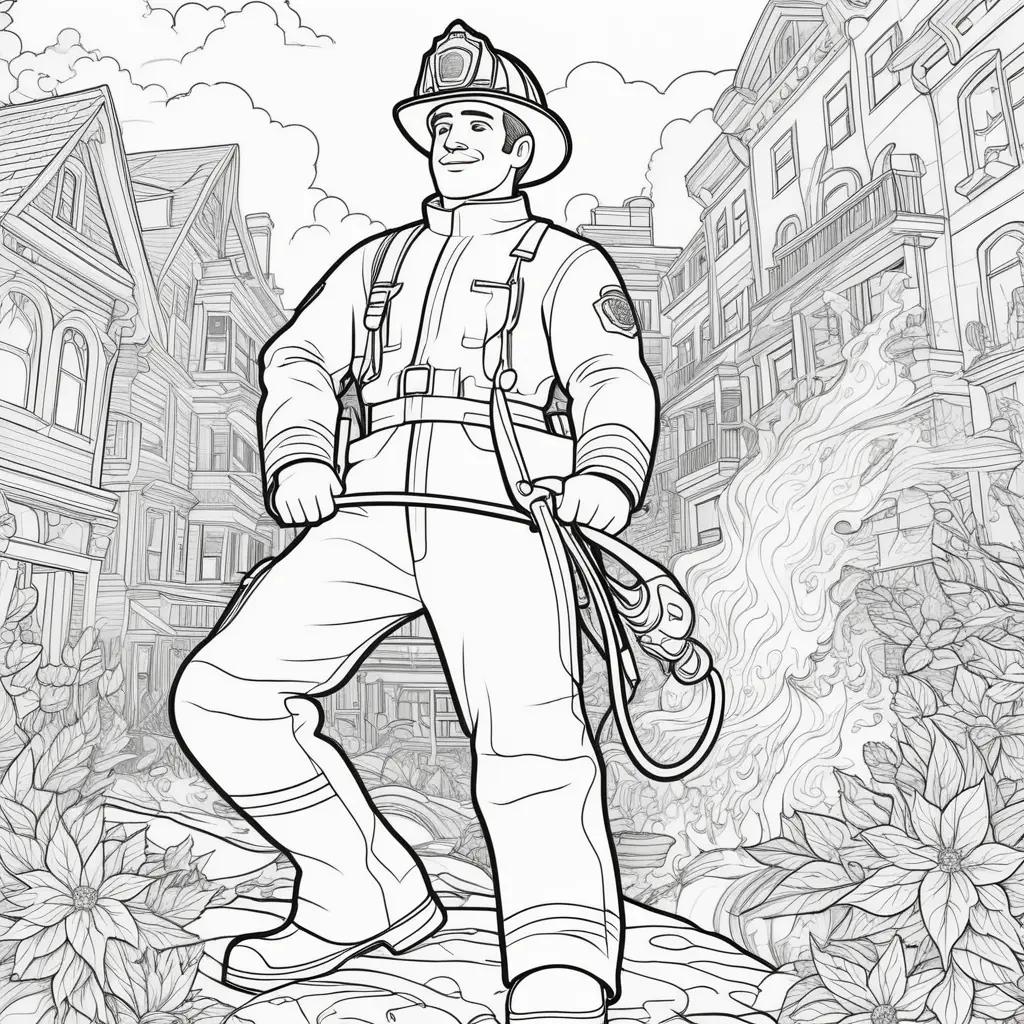 black and white fireman stands in a city scene