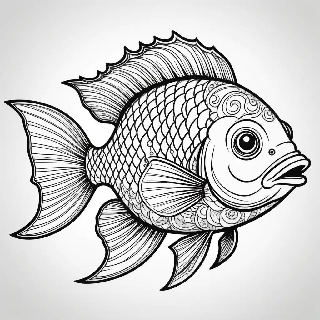 black and white fish coloring page with a mouth and eyes