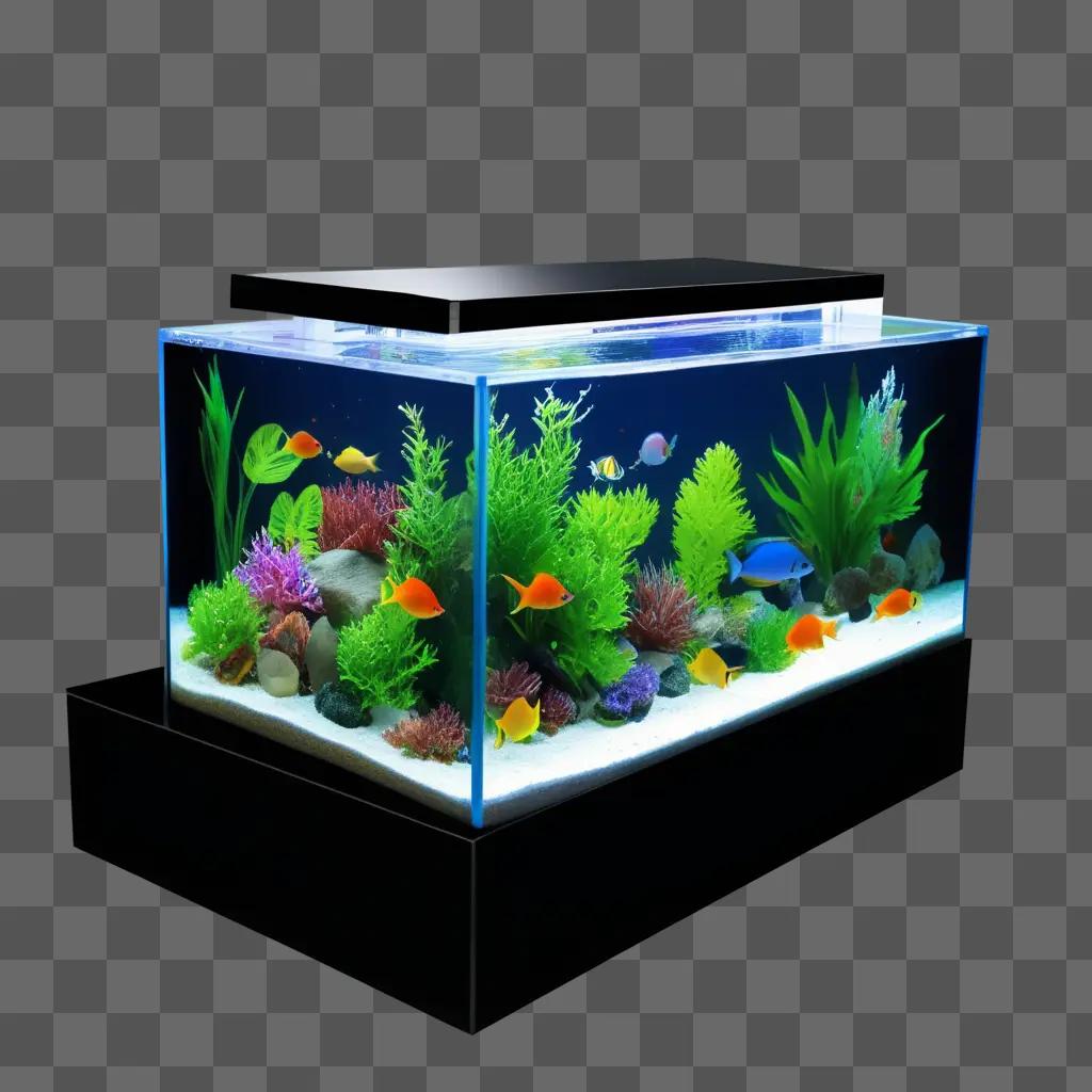 black and white fish tank with plants and fish