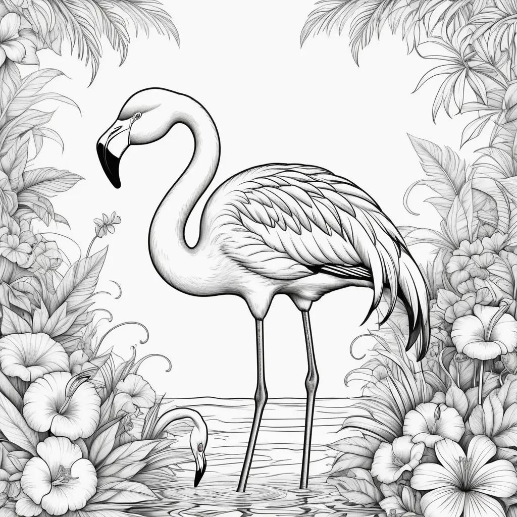 black and white flamingo coloring page with flowers in the background