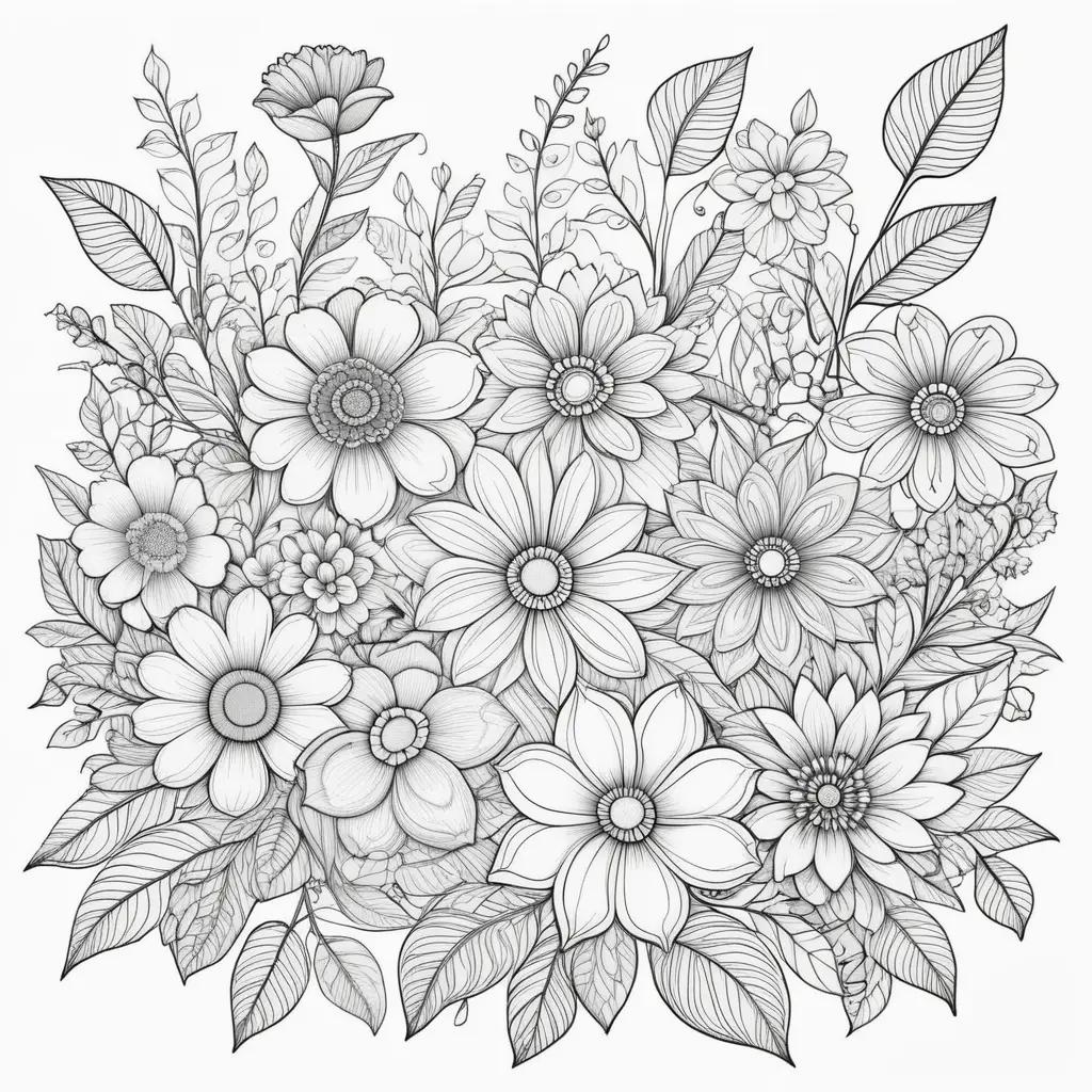 black and white floral drawing of a bouquet of flowers