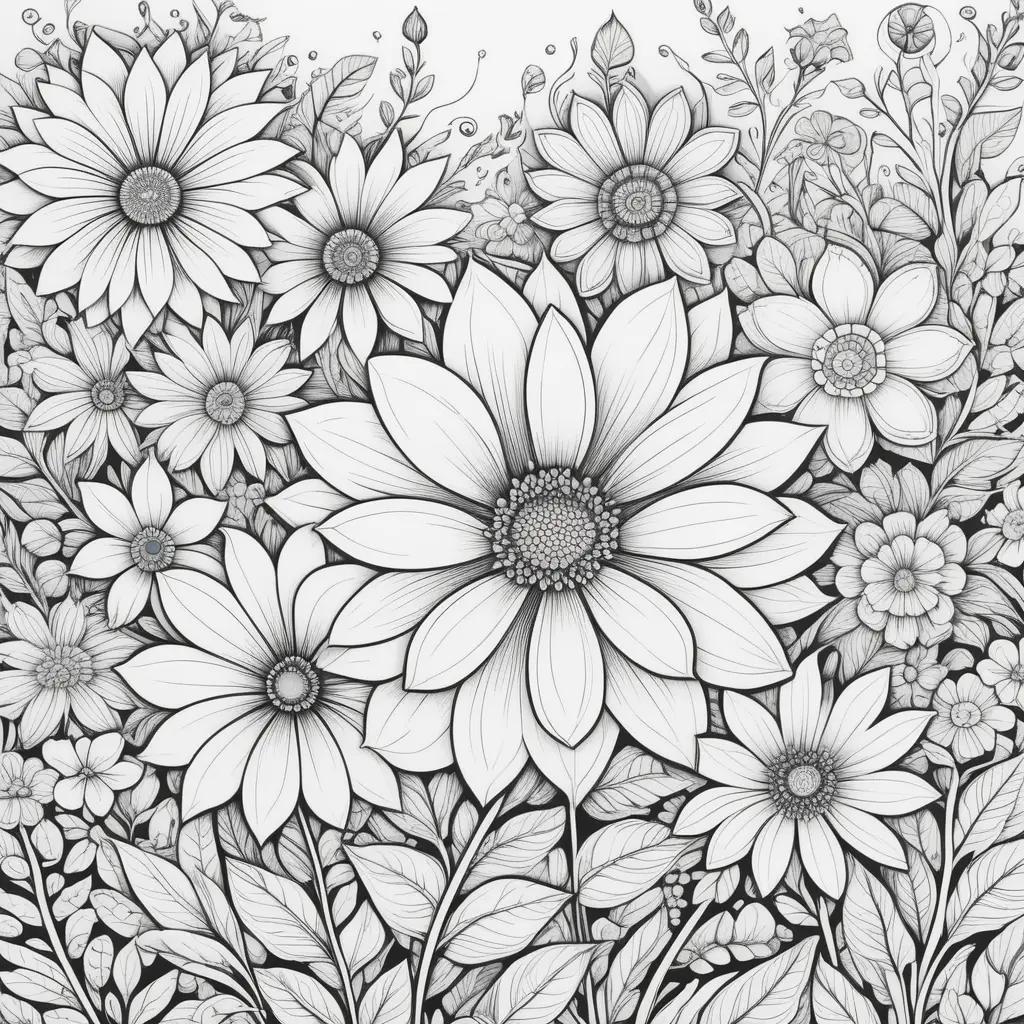 black and white flower color page with a variety of colors