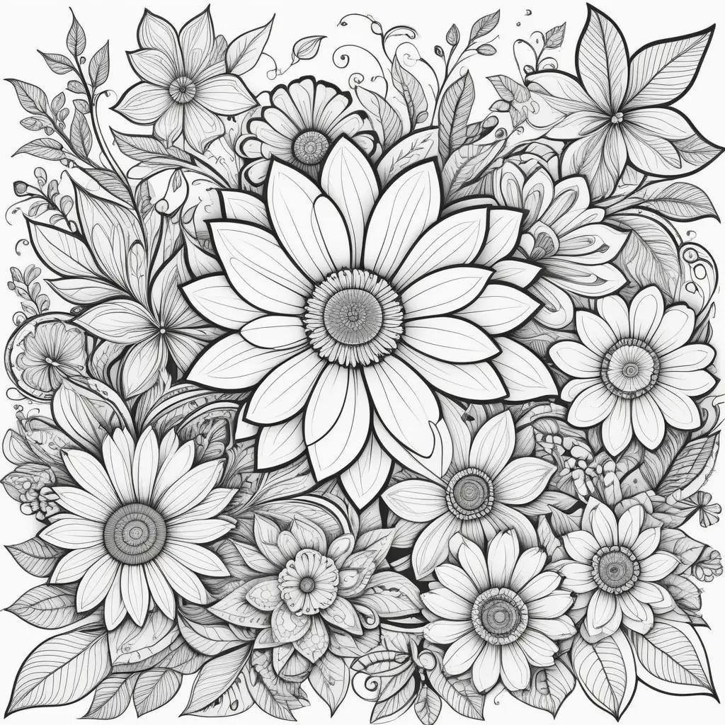 black and white flower color page with various flowers