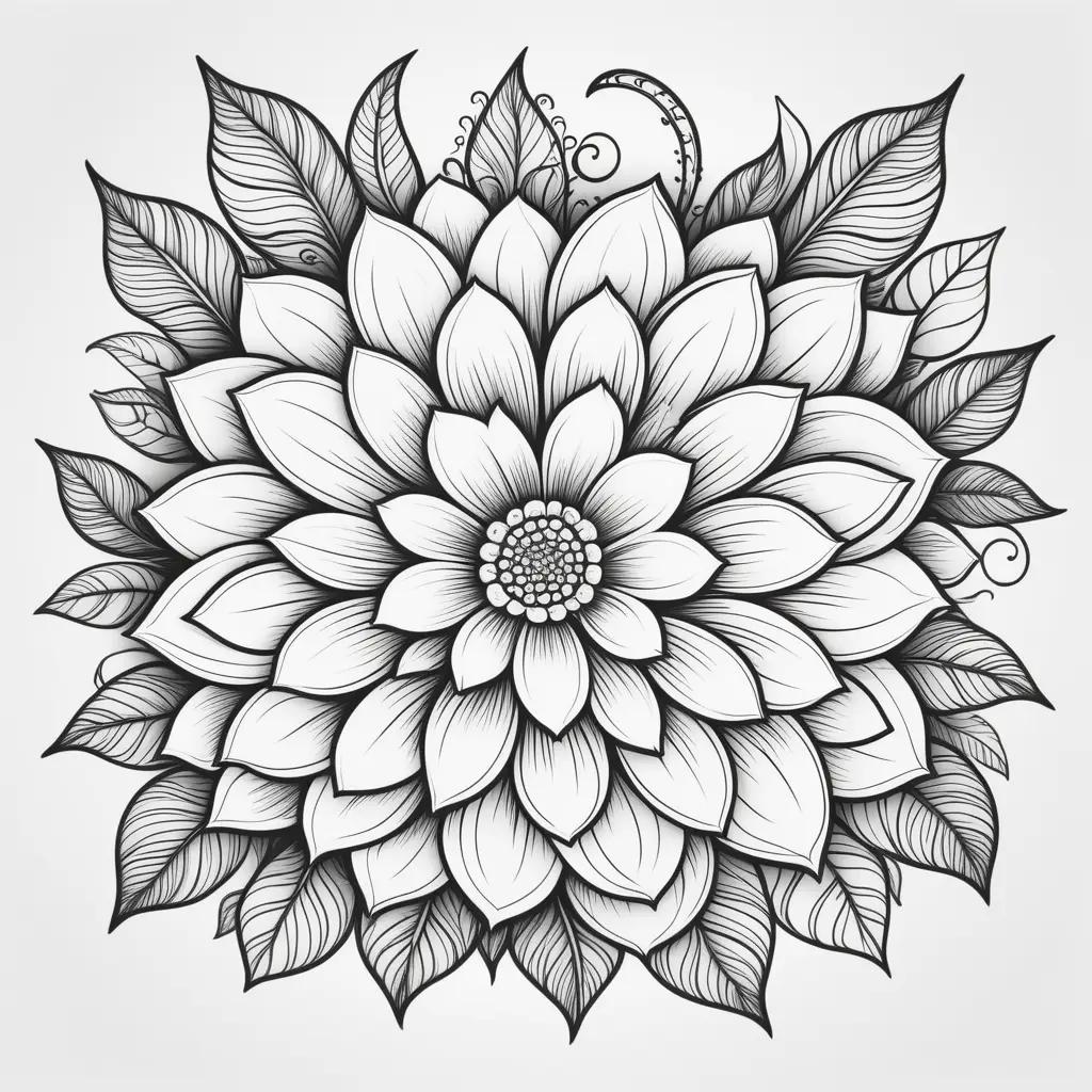 black and white flower coloring page with leaves