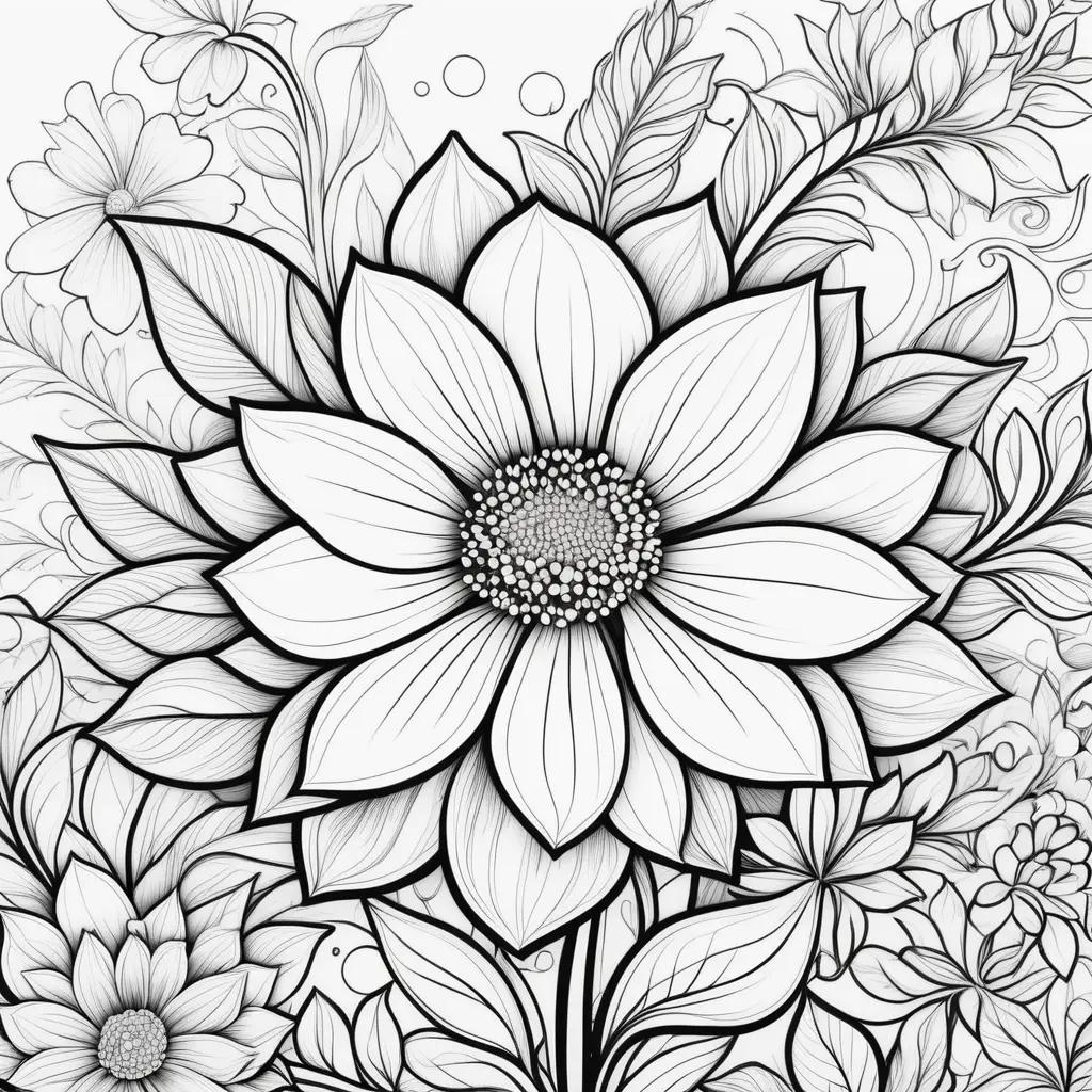 black and white flower coloring page with various flowers and leaves