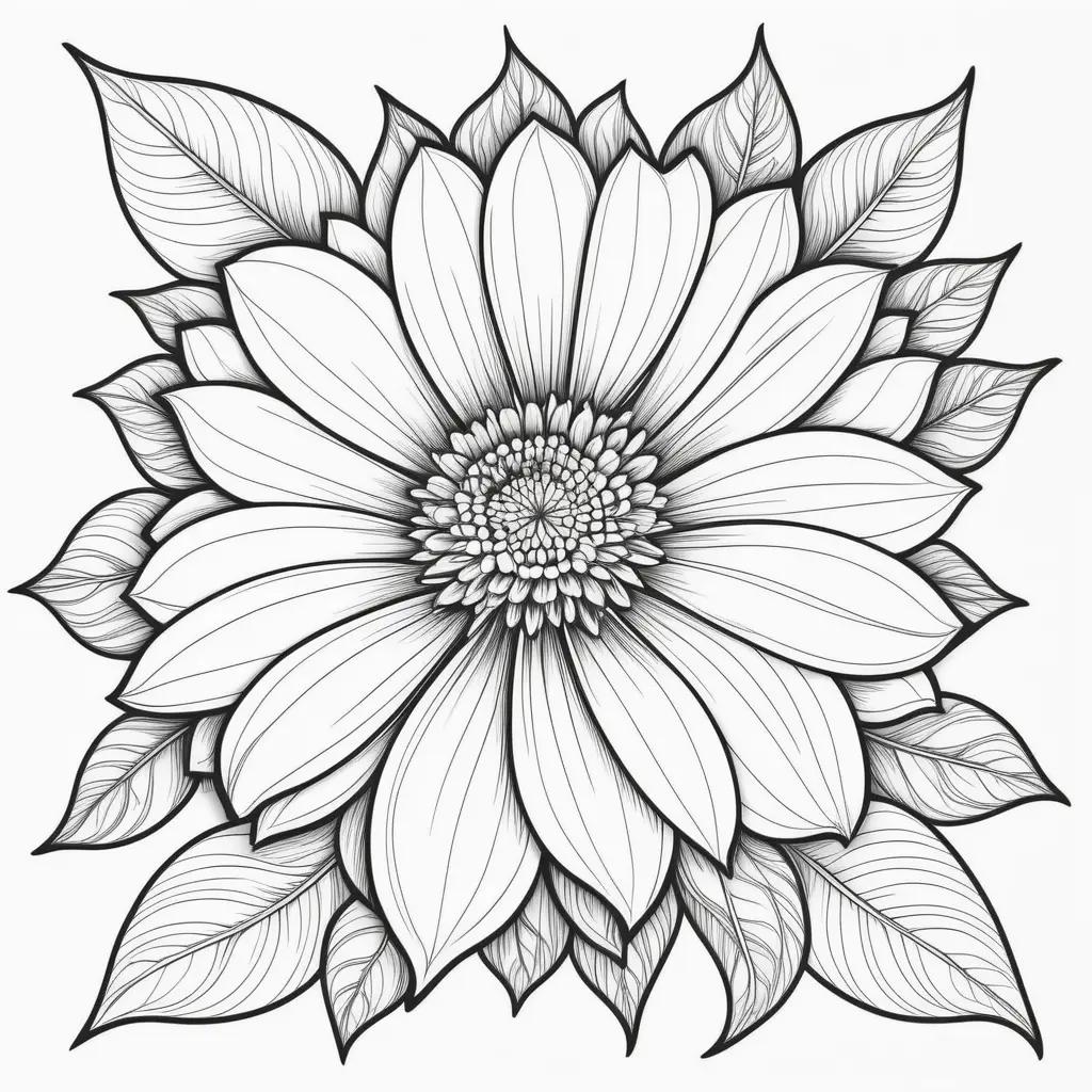 black and white flower with leaves on a white background