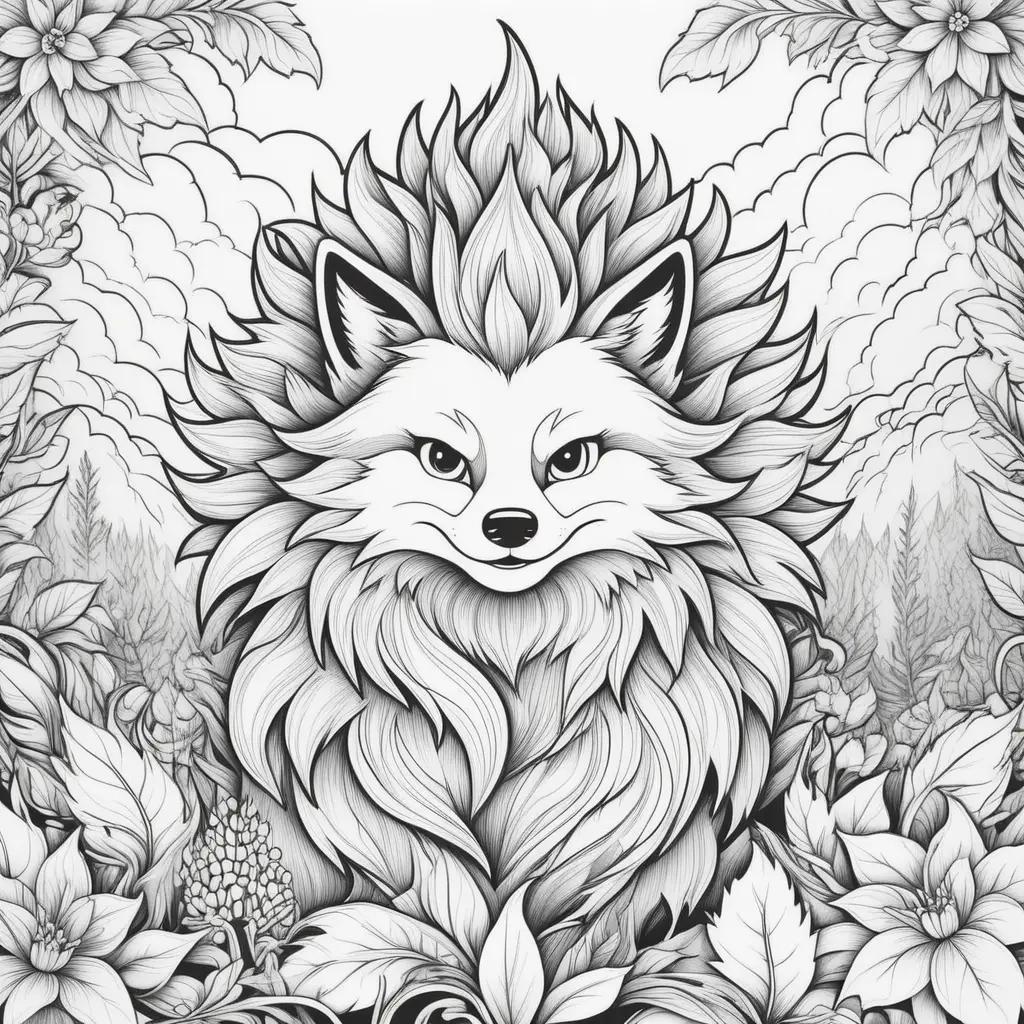 black and white fox coloring page with a blaze of color