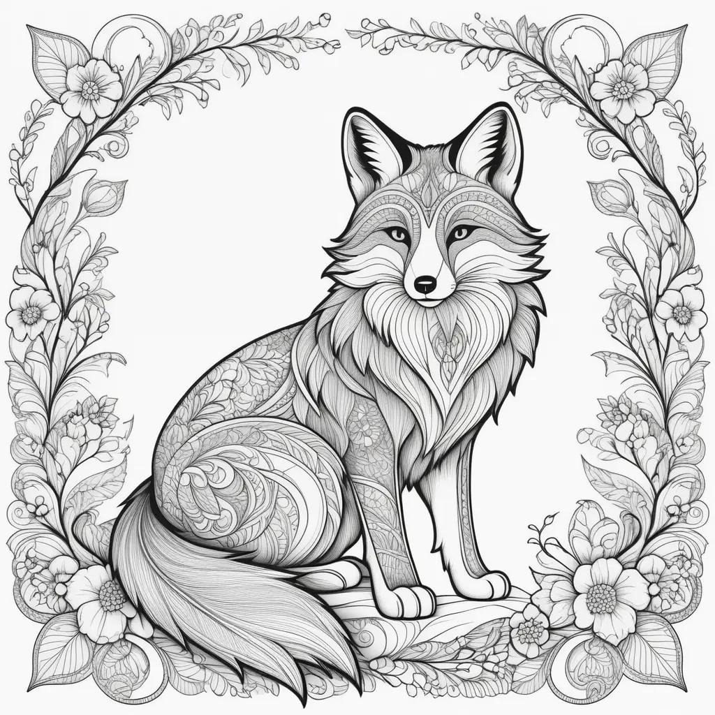 black and white fox coloring page with floral wreath