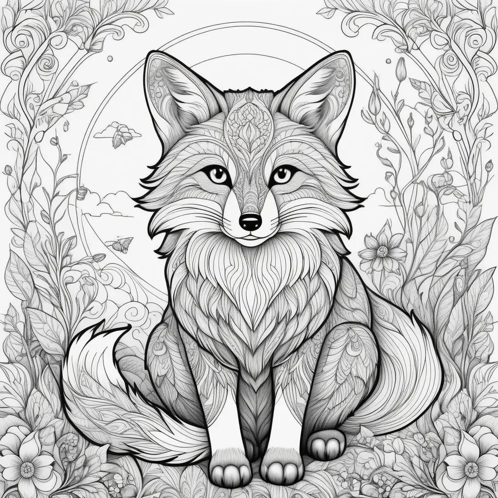 black and white fox coloring page with flowers in the background