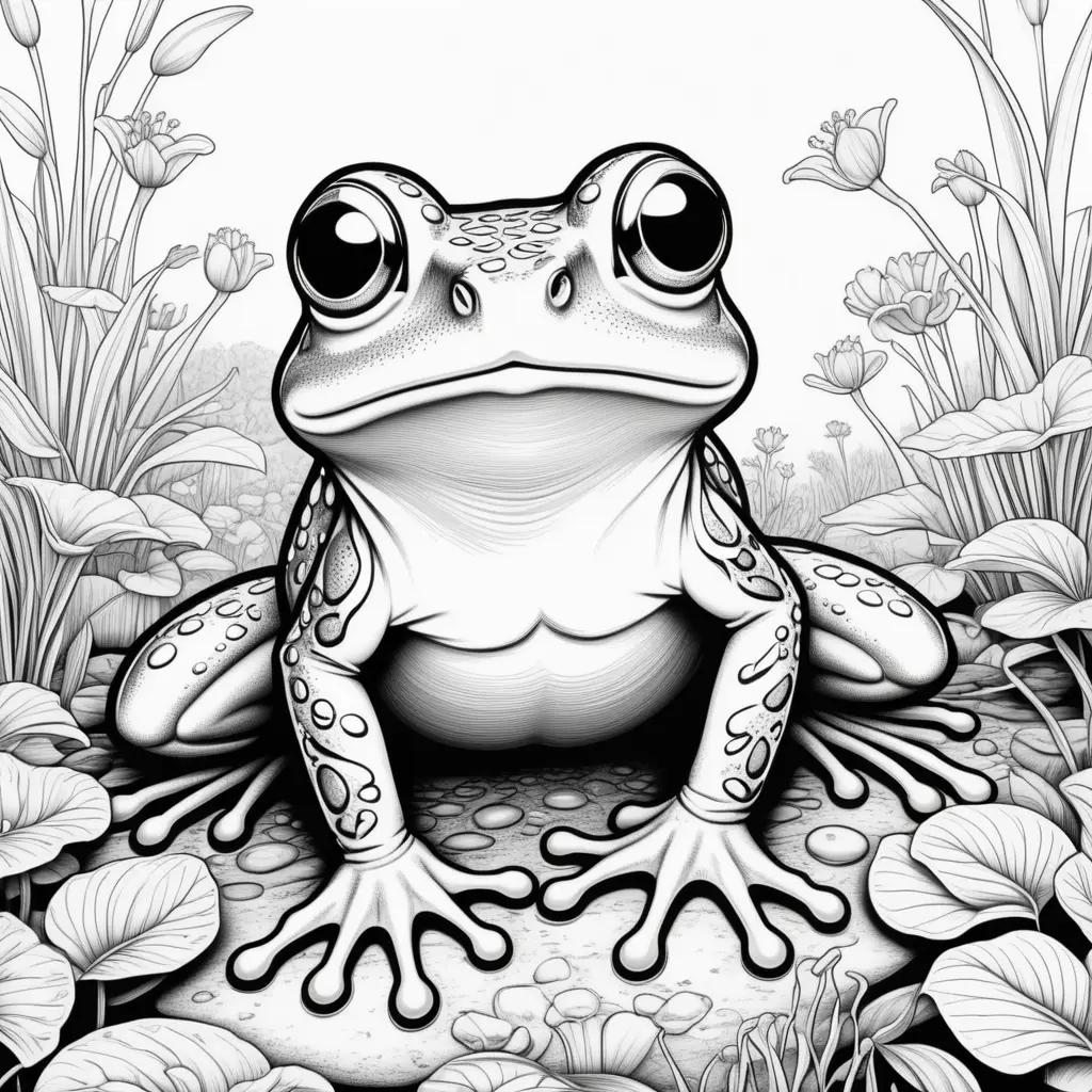 black and white frog coloring page in a field