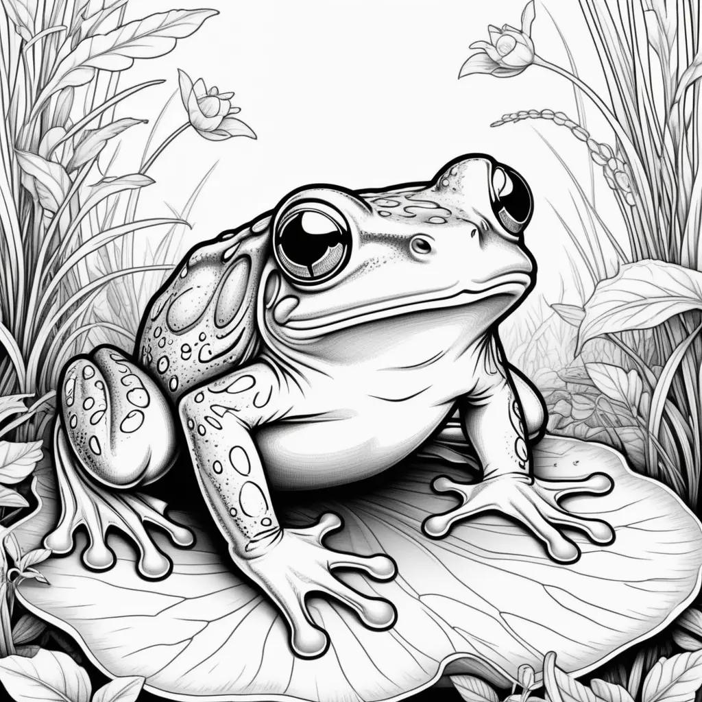 black and white frog coloring page with a lot of grass