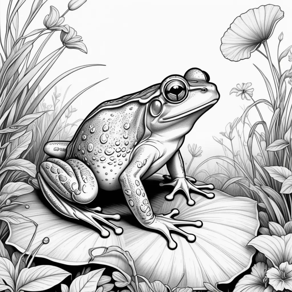 black and white frog coloring page with a yellow nose and green eyes