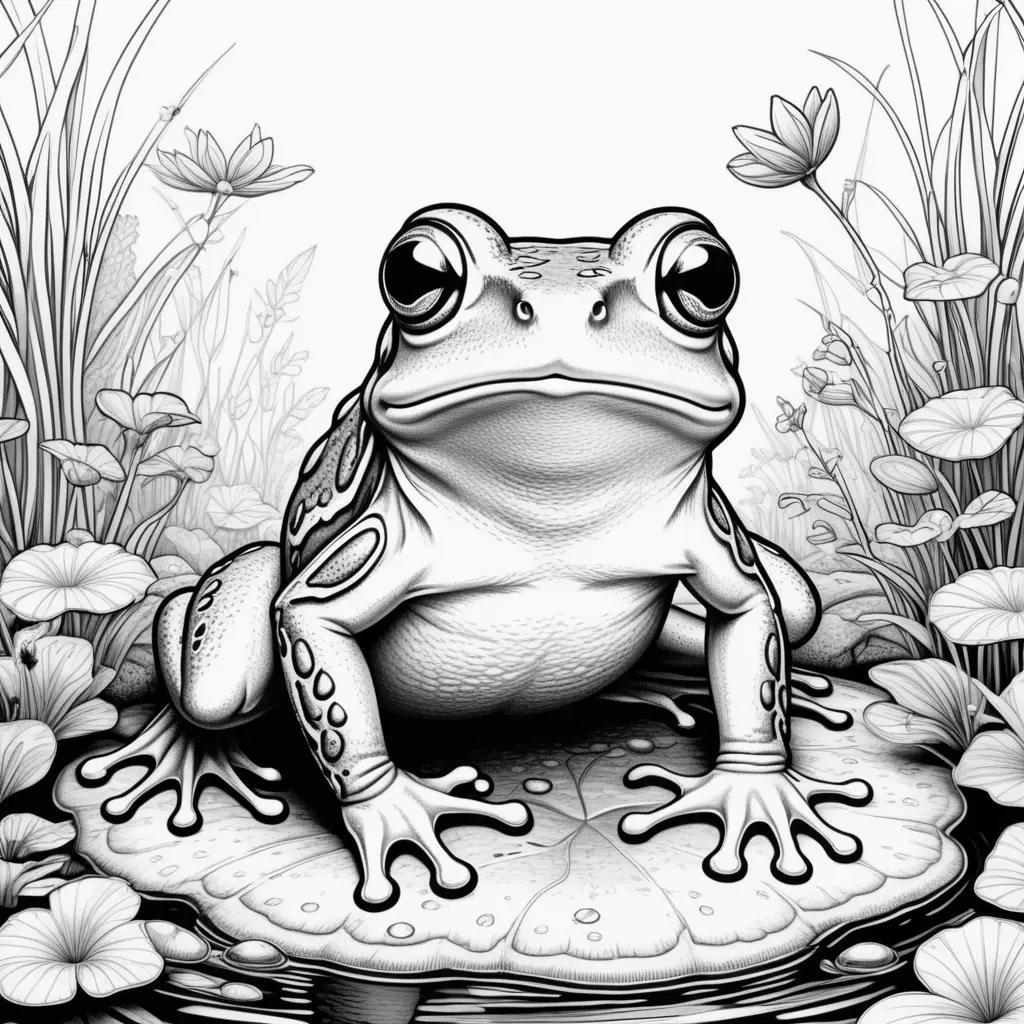 black and white frog coloring page with flowers and leaves in the background