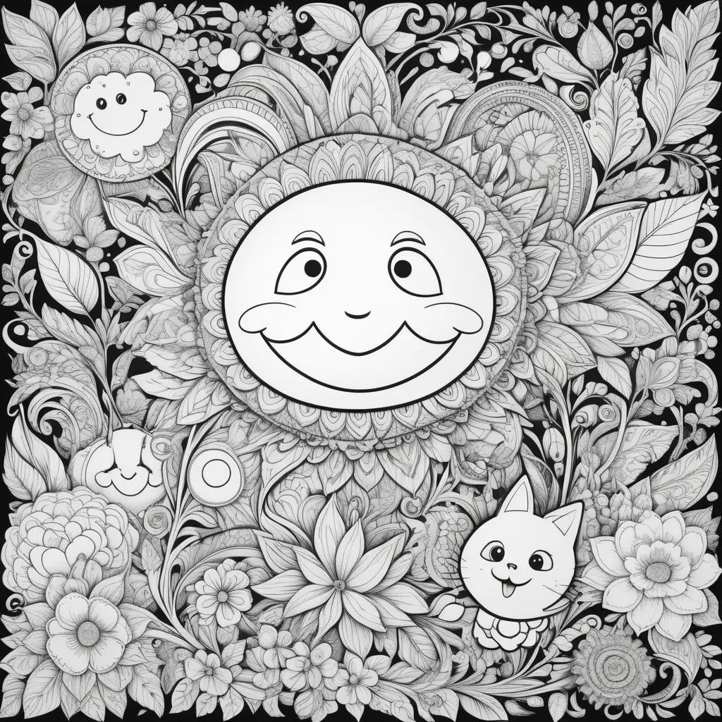 black and white funny coloring page with a cat and a sun