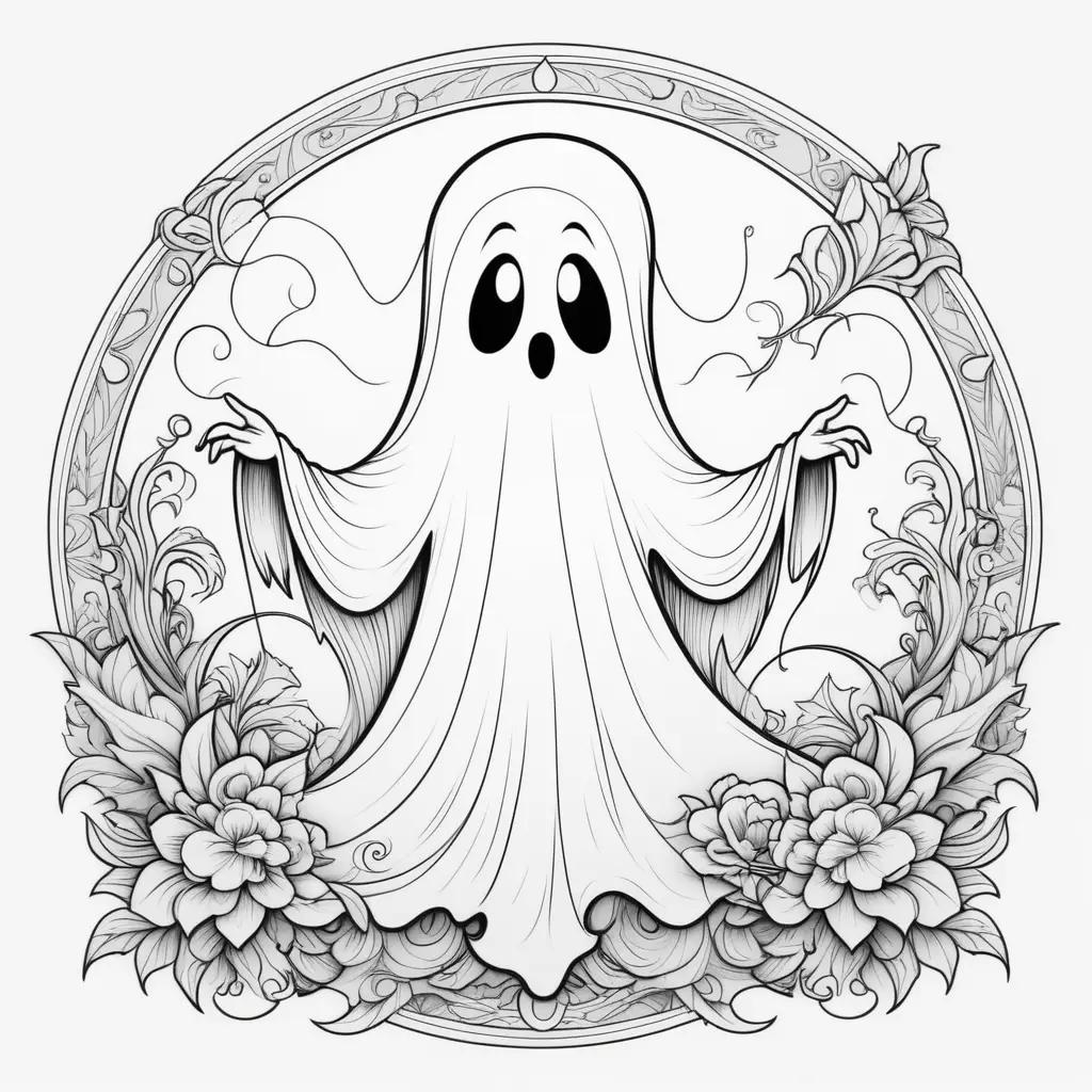 black and white ghost coloring page with a flower