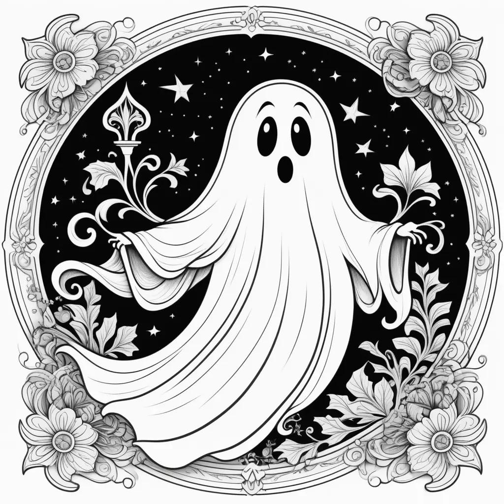 black and white ghost coloring page with stars and flowers