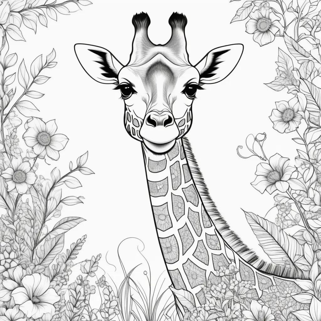 black and white giraffe coloring page with flowers